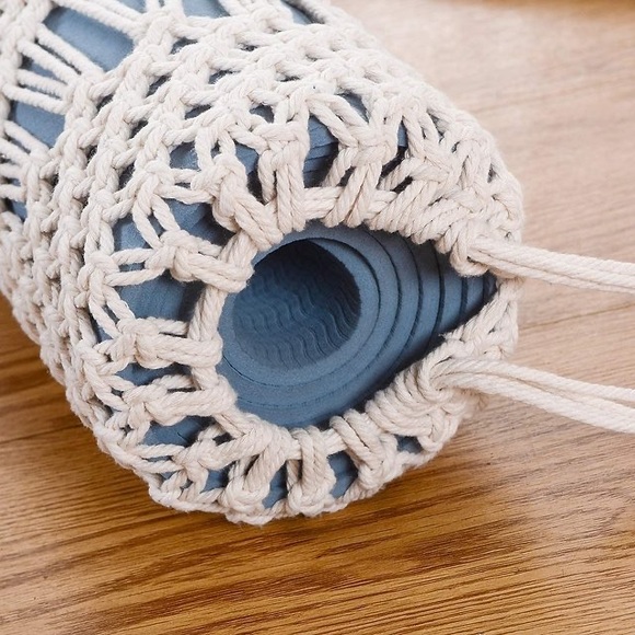 Macrame Yoga Bag Cotton Handmade w/ Tassel Fringe • Bohemian Yoga Accessories - Picture 3 of 5